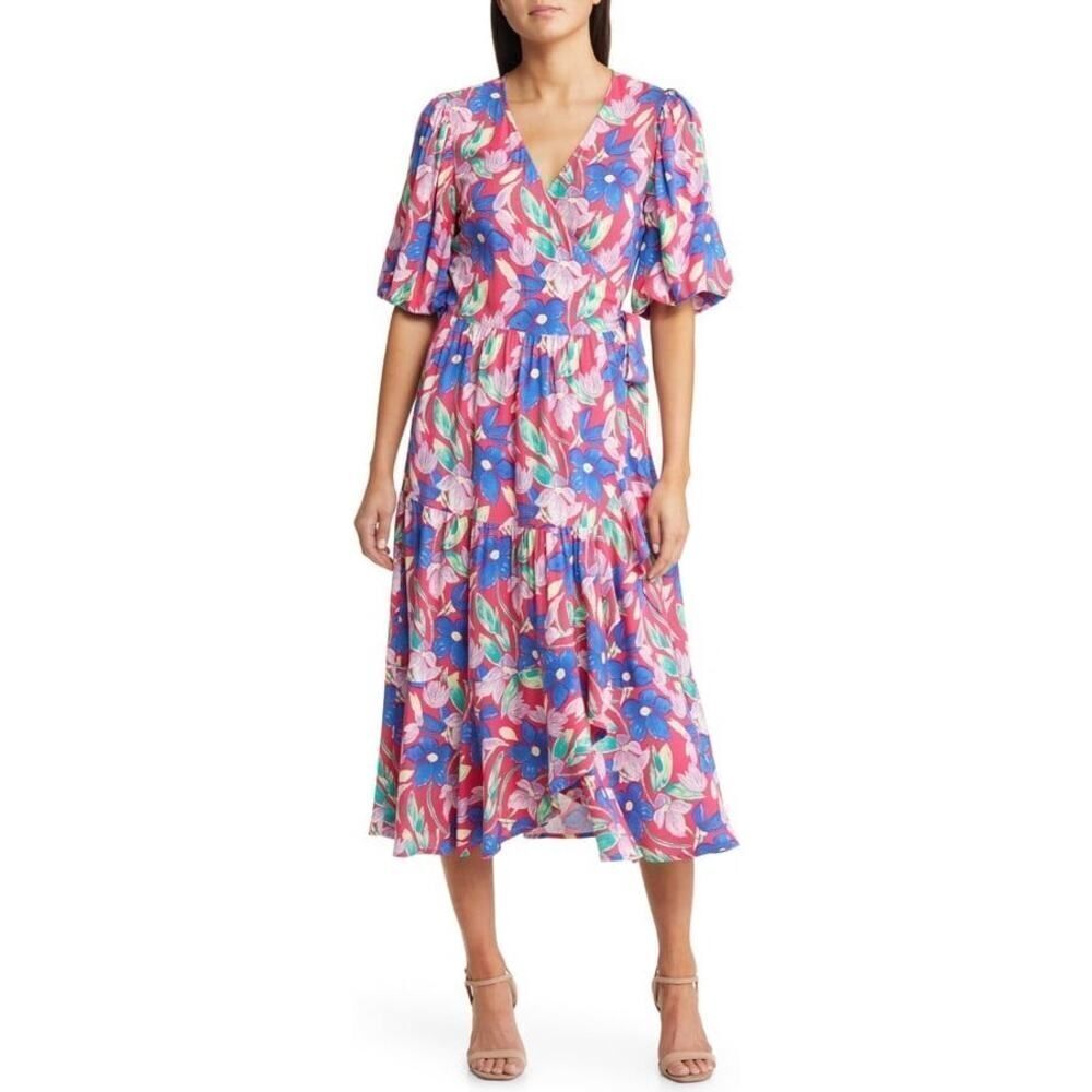 Chelsea28 Pink Floral True Wrap Puff Sleeve Flounce Gathered Midi
Dress Size S 💖